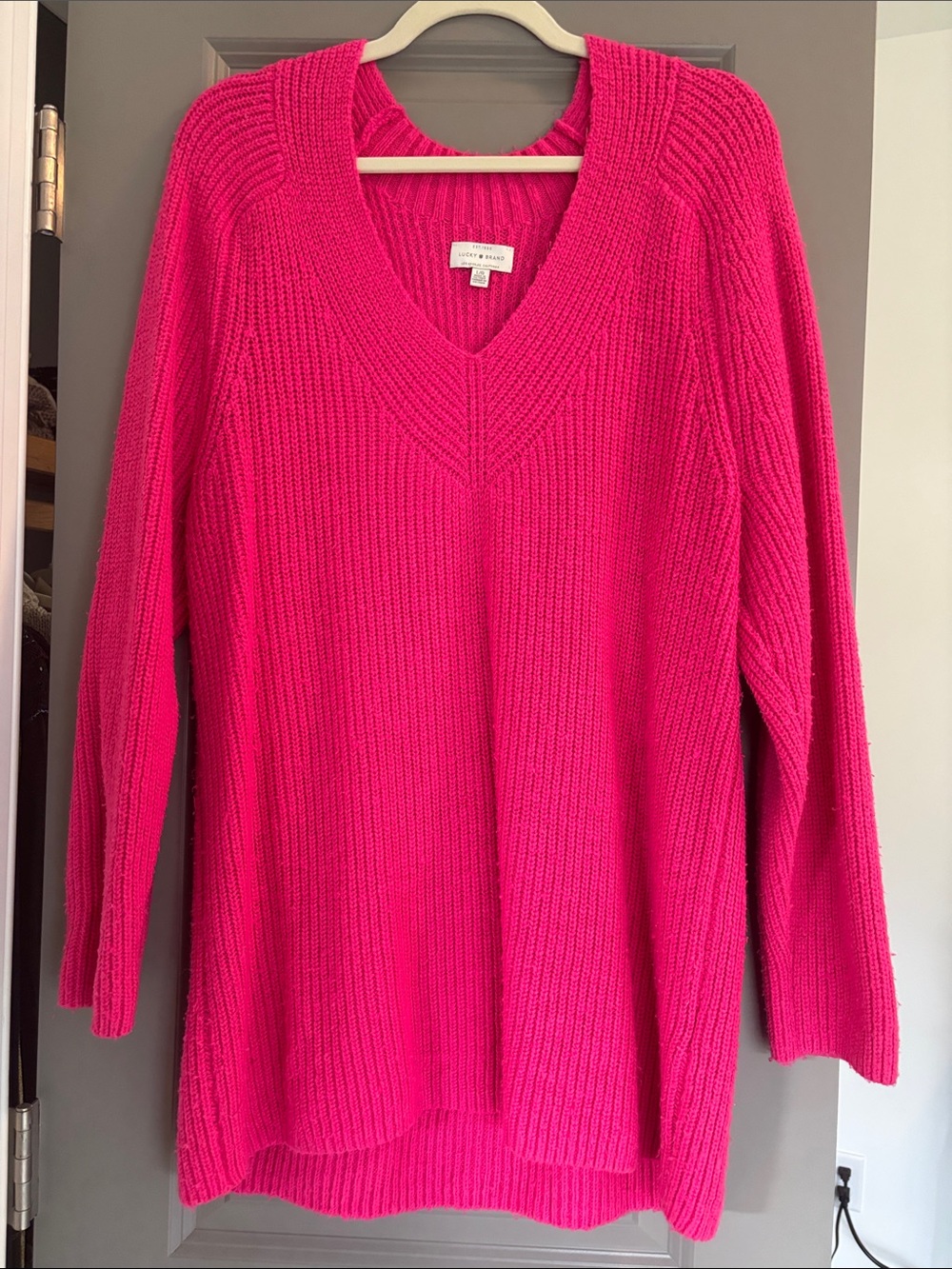 Lucky Brand Hot Pink Ribbed V-Neck Tunic Sweater